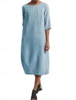 Online Women's Light Blue Black Yellow Summer Spring Midi Dress Linen-Inspired Dresses Casual Dress Basic Modern Daily Weekend Regular Fit Plain Crew Neck Women Dresses