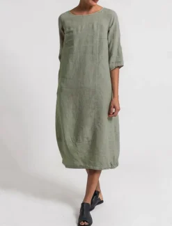 Online Women's Light Blue Black Yellow Summer Spring Midi Dress Linen-Inspired Dresses Casual Dress Basic Modern Daily Weekend Regular Fit Plain Crew Neck Women Dresses