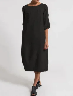 Online Women's Light Blue Black Yellow Summer Spring Midi Dress Linen-Inspired Dresses Casual Dress Basic Modern Daily Weekend Regular Fit Plain Crew Neck Women Dresses