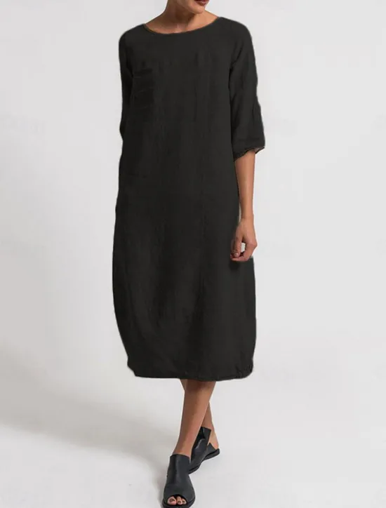 Online Women's Light Blue Black Yellow Summer Spring Midi Dress Linen-Inspired Dresses Casual Dress Basic Modern Daily Weekend Regular Fit Plain Crew Neck Women Dresses