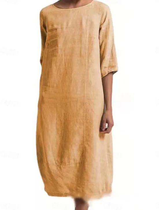 Online Women's Light Blue Black Yellow Summer Spring Midi Dress Linen-Inspired Dresses Casual Dress Basic Modern Daily Weekend Regular Fit Plain Crew Neck Women Dresses