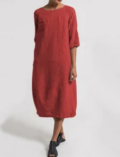 Online Women's Light Blue Black Yellow Summer Spring Midi Dress Linen-Inspired Dresses Casual Dress Basic Modern Daily Weekend Regular Fit Plain Crew Neck Women Dresses