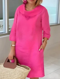 Online Women's Light Blue White Wine Summer Spring Fall Midi Dress Cotton Linen Dresses Casual Dress Cotton Summer Dress Basic Classic Casual Outdoor Vacation Daily Loose Fit Plain Cowl Neck Women Dresses