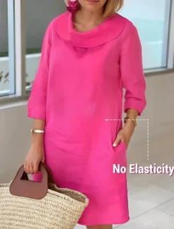 Online Women's Light Blue White Wine Summer Spring Fall Midi Dress Cotton Linen Dresses Casual Dress Cotton Summer Dress Basic Classic Casual Outdoor Vacation Daily Loose Fit Plain Cowl Neck Women Dresses