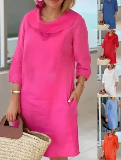 Online Women's Light Blue White Wine Summer Spring Fall Midi Dress Cotton Linen Dresses Casual Dress Cotton Summer Dress Basic Classic Casual Outdoor Vacation Daily Loose Fit Plain Cowl Neck Women Dresses