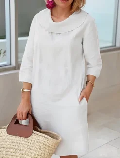 Online Women's Light Blue White Wine Summer Spring Fall Midi Dress Cotton Linen Dresses Casual Dress Cotton Summer Dress Basic Classic Casual Outdoor Vacation Daily Loose Fit Plain Cowl Neck Women Dresses