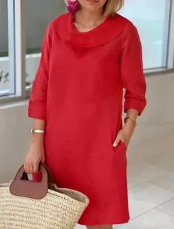 Online Women's Light Blue White Wine Summer Spring Fall Midi Dress Cotton Linen Dresses Casual Dress Cotton Summer Dress Basic Classic Casual Outdoor Vacation Daily Loose Fit Plain Cowl Neck Women Dresses
