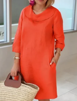 Online Women's Light Blue White Wine Summer Spring Fall Midi Dress Cotton Linen Dresses Casual Dress Cotton Summer Dress Basic Classic Casual Outdoor Vacation Daily Loose Fit Plain Cowl Neck Women Dresses