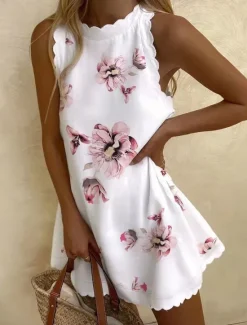 Sale Women's Light Pink Black White Summer Spring Mini Dress Petite Dress White Dress Casual Vacation Daily Loose Fit Floral Graphic Crew Neck Women White Dresses
