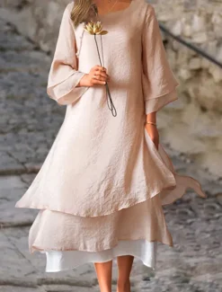 Online Women's Light Pink White Summer Spring Fall Midi Dress Linen-Inspired Dresses White Dress Casual Dress Basic Casual Outdoor Vacation Daily Loose Fit Pure Color Crew Neck Women Dresses