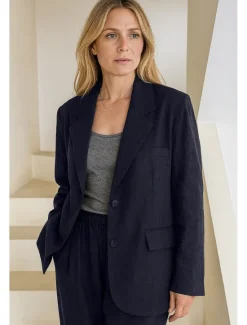 Outlet Women's Linen Tencel Blazer Breathable Pocket Buttons Elegant Vintage Fashion Daily Solid Color Formal Office / Career Casual Single Breasted Regular Notch Lapel Loose Fit Long Sleeve Outerwear Navy Women Shirts|Blazers & Suits