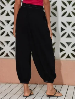 Sale Women's Linen Loose Pleated Adjustable Drawstring Dhoti Pants with Pockets Women Pants