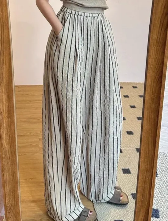 Discount Women's Linen Blend Culottes Wide Leg Vacation Vintage Ethnic Style Full Length Mid Waist Striped Stripe Comfortable Breathable Inelastic Vacation Home Daily Beige Grey Summer Spring Fall Loose Fit Women Pants