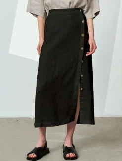 Online Women's 55%Linen Cotton A Line Elegant Vintage Basic Casual Midi Mid Waist Skirts Plain Split Ends Inelastic School Vacation Black White Summer Women Skirts