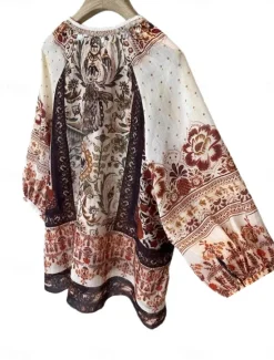 Online Women's Linen Cotton Boho Shirt Floral Seashell Paisley Abstract Vintage Stylish Ethnic 3/4 Length Sleeve Lantern Sleeve V Neck Regular Tops Daily Holiday Going out Tie Front Summer Spring Fall Women Blouses & Shirts