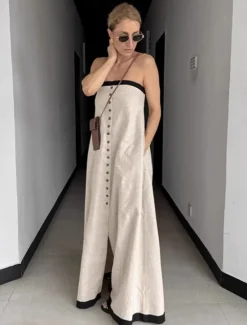 Women's Linen Cotton Maxi Dress Sundress A Line Dress Off The Shoulder Dress Vacation Birthday Casual Party Beach Standard Fit Solid Color Graphic Sleeveless Strapless Summer Spring Fall Women Dresses|Vacation Dresses
