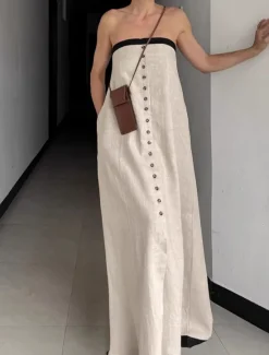 Women's Linen Cotton Maxi Dress Sundress A Line Dress Off The Shoulder Dress Vacation Birthday Casual Party Beach Standard Fit Solid Color Graphic Sleeveless Strapless Summer Spring Fall Women Dresses|Vacation Dresses