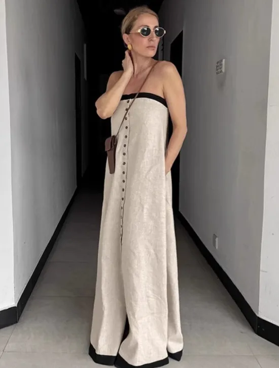 Women's Linen Cotton Maxi Dress Sundress A Line Dress Off The Shoulder Dress Vacation Birthday Casual Party Beach Standard Fit Solid Color Graphic Sleeveless Strapless Summer Spring Fall Women Dresses|Vacation Dresses