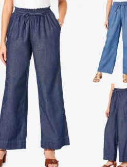 Clearance Women's Linen Pants Pants Trousers Lightweight Casual Full Length Mid Rise Plain Pocket Drawstring Breathability Comfortable Inelastic Home Casual Daily Light Sky Blue Navy Summer Spring Regular Fit Women Pants