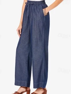 Clearance Women's Linen Pants Pants Trousers Lightweight Casual Full Length Mid Rise Plain Pocket Drawstring Breathability Comfortable Inelastic Home Casual Daily Light Sky Blue Navy Summer Spring Regular Fit Women Pants