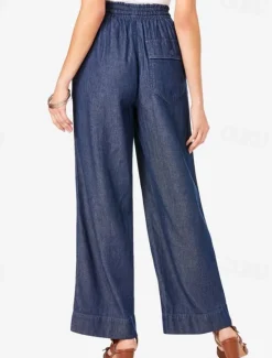 Clearance Women's Linen Pants Pants Trousers Lightweight Casual Full Length Mid Rise Plain Pocket Drawstring Breathability Comfortable Inelastic Home Casual Daily Light Sky Blue Navy Summer Spring Regular Fit Women Pants