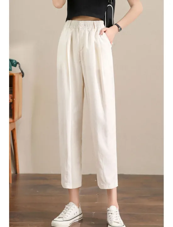 Hot Women's Linen Pants Pants Trousers Fashion Ankle-Length Plain Side Pockets Elastic Waistband Breathability Comfortable Inelastic Casual Daily Black White Army Green Royal Blue Spring & Summer Women Pants