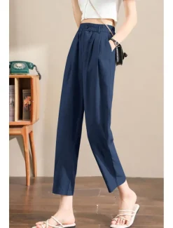 Hot Women's Linen Pants Pants Trousers Fashion Ankle-Length Plain Side Pockets Elastic Waistband Breathability Comfortable Inelastic Casual Daily Black White Army Green Royal Blue Spring & Summer Women Pants