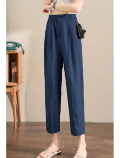 Hot Women's Linen Pants Pants Trousers Fashion Ankle-Length Plain Side Pockets Elastic Waistband Breathability Comfortable Inelastic Casual Daily Black White Army Green Royal Blue Spring & Summer Women Pants