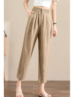 Hot Women's Linen Pants Pants Trousers Fashion Ankle-Length Plain Side Pockets Elastic Waistband Breathability Comfortable Inelastic Casual Daily Black White Army Green Royal Blue Spring & Summer Women Pants
