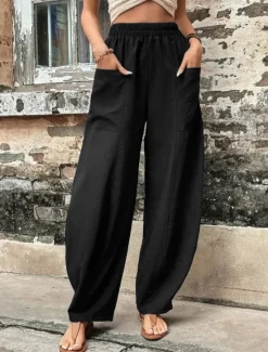 Sale Women's Linen Pants Tapered pants Pants Trousers Fashion Basic Casual Full Length Plain Side Pockets Baggy Comfort Micro-elastic Vacation Street Casual Daily Black Red Navy Blue Blue Regular Fit Women Pants