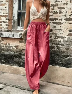 Sale Women's Linen Pants Tapered pants Pants Trousers Fashion Basic Casual Full Length Plain Side Pockets Baggy Comfort Micro-elastic Vacation Street Casual Daily Black Red Navy Blue Blue Regular Fit Women Pants
