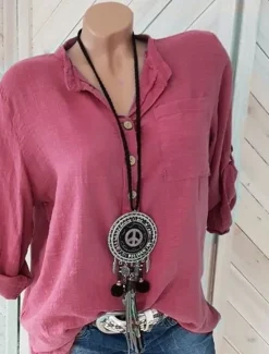 Online Women's Linen Shirt Long Cotton Top White Cotton Top White Cotton Blouse Solid Color Fashion V Neck Street Daily Buttons White Pink Red Blue Fuchsia Spring & Fall Women Shirts