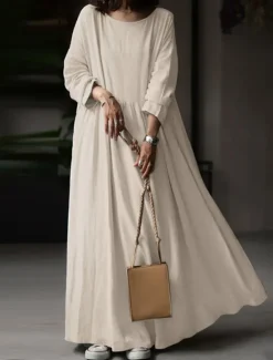 Hot Women's Linen-Cotton Blend Maxi Dress Long Sleeve Loose Fit Patchwork Crew Neck Casual Women Dresses