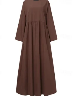 Hot Women's Linen-Cotton Blend Maxi Dress Long Sleeve Loose Fit Patchwork Crew Neck Casual Women Dresses