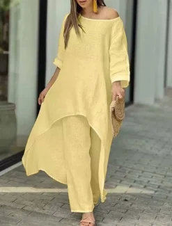 New Women's Linen-Inspired Sets Two Piece Sets Pure Color Fashion Simple Casual Street Date Airport Breathable Crew Neck Long Sleeve Pant Summer Spring Home Outfits Women Sets