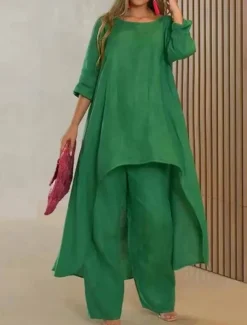 New Women's Linen-Inspired Sets Two Piece Sets Pure Color Fashion Simple Casual Street Date Airport Breathable Crew Neck Long Sleeve Pant Summer Spring Home Outfits Women Sets
