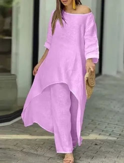 New Women's Linen-Inspired Sets Two Piece Sets Pure Color Fashion Simple Casual Street Date Airport Breathable Crew Neck Long Sleeve Pant Summer Spring Home Outfits Women Sets