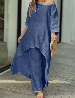 New Women's Linen-Inspired Sets Two Piece Sets Pure Color Fashion Simple Casual Street Date Airport Breathable Crew Neck Long Sleeve Pant Summer Spring Home Outfits Women Sets