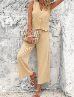 Hot Women's Linen-Inspired Sets Vest Layered V-Neck Top Buttoned Crop Shirt High-Waisted Wide-Leg Pants Rust Orange Linen Textured Lightweight Spring Summer Casual Event Elegant Women Shirts