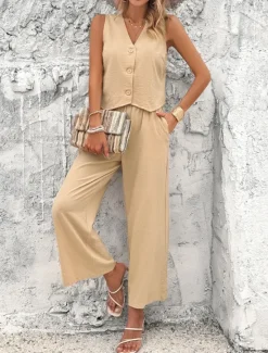 Hot Women's Linen-Inspired Sets Vest Layered V-Neck Top Buttoned Crop Shirt High-Waisted Wide-Leg Pants Rust Orange Linen Textured Lightweight Spring Summer Casual Event Elegant Women Shirts