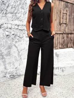Hot Women's Linen-Inspired Sets Vest Layered V-Neck Top Buttoned Crop Shirt High-Waisted Wide-Leg Pants Rust Orange Linen Textured Lightweight Spring Summer Casual Event Elegant Women Shirts