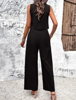 Hot Women's Linen-Inspired Sets Vest Layered V-Neck Top Buttoned Crop Shirt High-Waisted Wide-Leg Pants Rust Orange Linen Textured Lightweight Spring Summer Casual Event Elegant Women Shirts