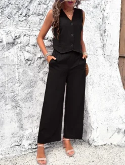 Hot Women's Linen-Inspired Sets Vest Layered V-Neck Top Buttoned Crop Shirt High-Waisted Wide-Leg Pants Rust Orange Linen Textured Lightweight Spring Summer Casual Event Elegant Women Shirts