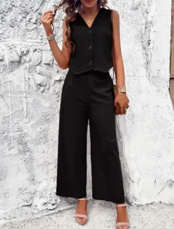 Hot Women's Linen-Inspired Sets Vest Layered V-Neck Top Buttoned Crop Shirt High-Waisted Wide-Leg Pants Rust Orange Linen Textured Lightweight Spring Summer Casual Event Elegant Women Shirts