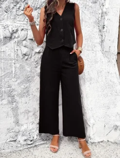 Hot Women's Linen-Inspired Sets Vest Layered V-Neck Top Buttoned Crop Shirt High-Waisted Wide-Leg Pants Rust Orange Linen Textured Lightweight Spring Summer Casual Event Elegant Women Shirts