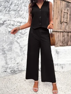 Hot Women's Linen-Inspired Sets Vest Layered V-Neck Top Buttoned Crop Shirt High-Waisted Wide-Leg Pants Rust Orange Linen Textured Lightweight Spring Summer Casual Event Elegant Women Shirts
