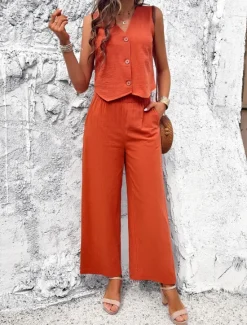 Hot Women's Linen-Inspired Sets Vest Layered V-Neck Top Buttoned Crop Shirt High-Waisted Wide-Leg Pants Rust Orange Linen Textured Lightweight Spring Summer Casual Event Elegant Women Shirts