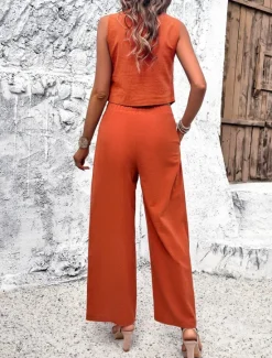 Hot Women's Linen-Inspired Sets Vest Layered V-Neck Top Buttoned Crop Shirt High-Waisted Wide-Leg Pants Rust Orange Linen Textured Lightweight Spring Summer Casual Event Elegant Women Shirts