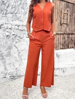 Hot Women's Linen-Inspired Sets Vest Layered V-Neck Top Buttoned Crop Shirt High-Waisted Wide-Leg Pants Rust Orange Linen Textured Lightweight Spring Summer Casual Event Elegant Women Shirts