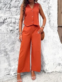Hot Women's Linen-Inspired Sets Vest Layered V-Neck Top Buttoned Crop Shirt High-Waisted Wide-Leg Pants Rust Orange Linen Textured Lightweight Spring Summer Casual Event Elegant Women Shirts